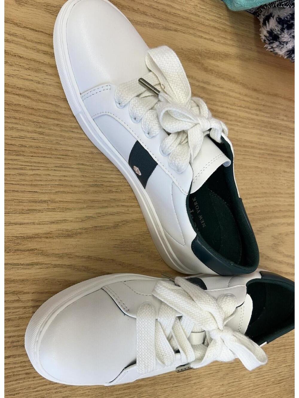 Kate Spade Leather Sneakers. White With Green Trim. Size 8B. Tie Laces. NWOB